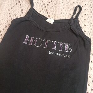 Vtg Y2k Hottie Nashville‎ Cami Tank Top Black Rhinestones Spaghetti Strap Street